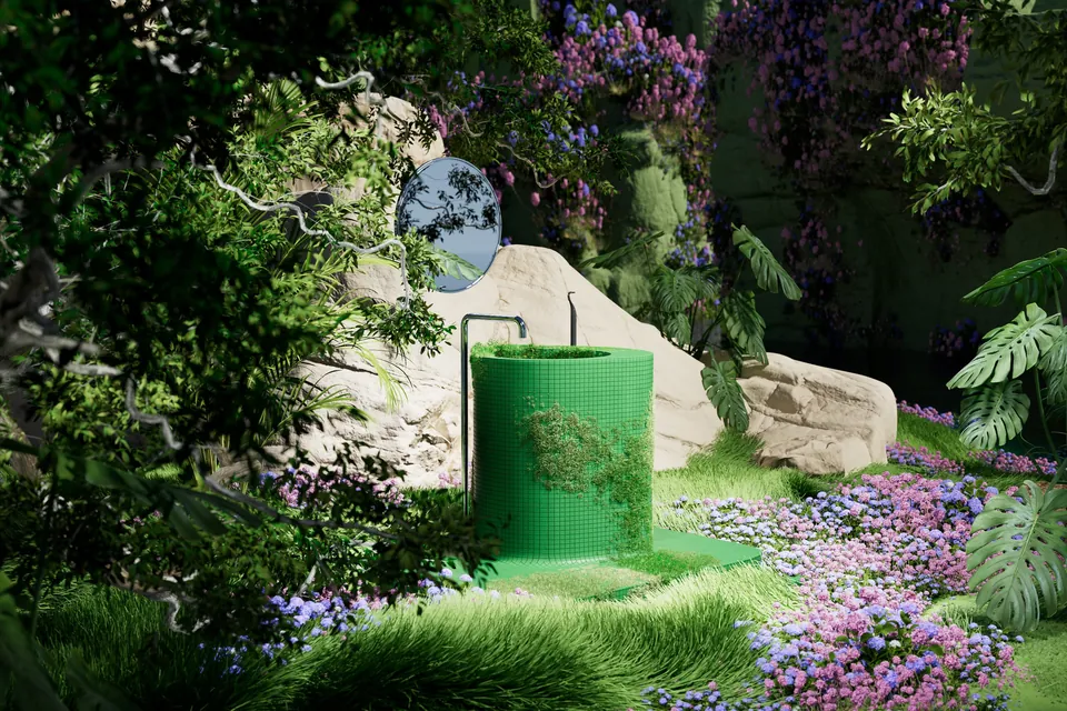 A garden installation built around a green box